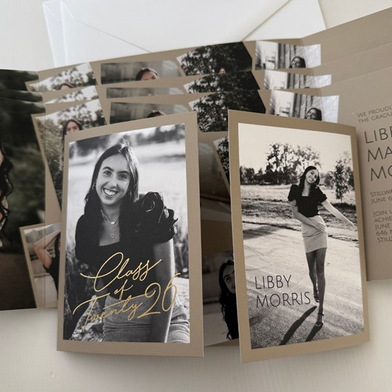 graduation invitations with photo placeholders and gold text
